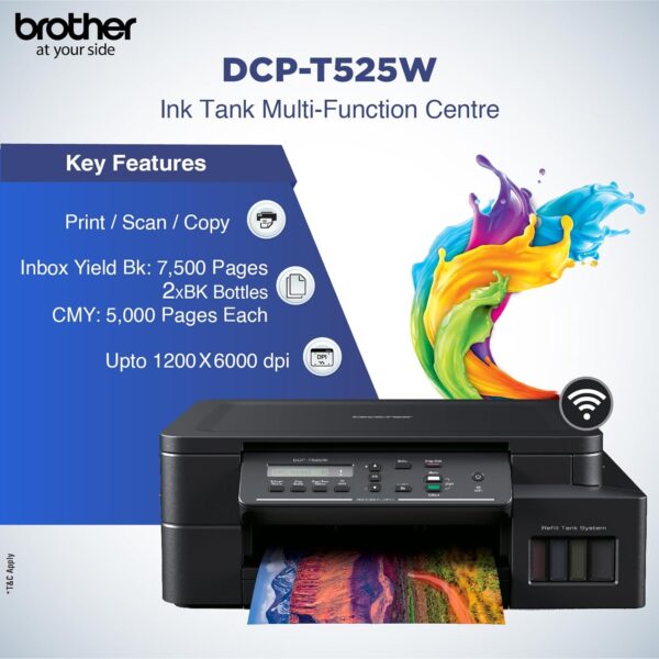 1733376944 Brother DCP T525W Print Scan Copy WiFi Ink Tank Printer 128 MB Memory Print Up to 15K Pages in Black and 5K in Colour Each for CMY Get an Extra Black Ink Bottle Free Installation