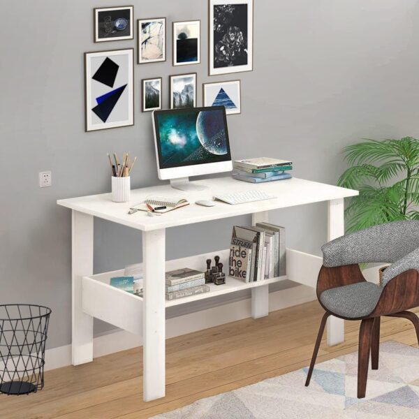 1733469321 Lukzer Engineered Wood Computer Desk with One Tier Shelves Laptop Study Table for Office Home Workstation Writing Modern Desk ST 004 White 90 x 50 x 77 cm