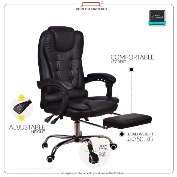 1733510869 Kepler Brooks Office Chair 3 Years Warranty Chairs for Office Work Chair for Office Work at Home Diwali Gifts Ergonomic Chair Padded Arms Leg Rest Wooden Frame Italia Premium Black