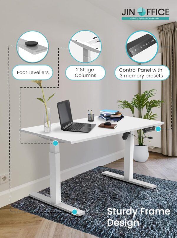 1733669877 JIN OFFICE Electric Height Adjustable Desk 100 Kg Weight Capacity3 Year Warranty Motorized Sit Stand Desk 3 Memory Preset White Frame with White Top 1200 X 750 mm25MM Thickness