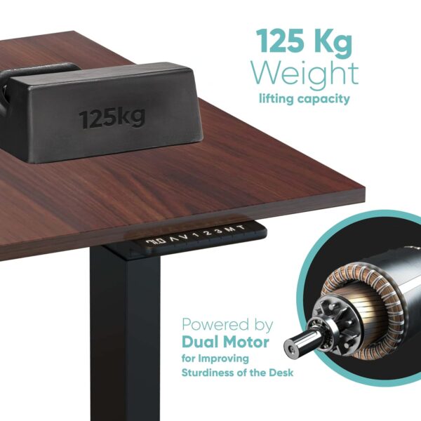 1733674670 JIN OFFICE Height Adjustable Desk Electric Dual Motor 3 Stage 125 Kg Wt. Capacity with Memory Presets Frame with Table top Black Frame Brown Top 1200 by 750 mm