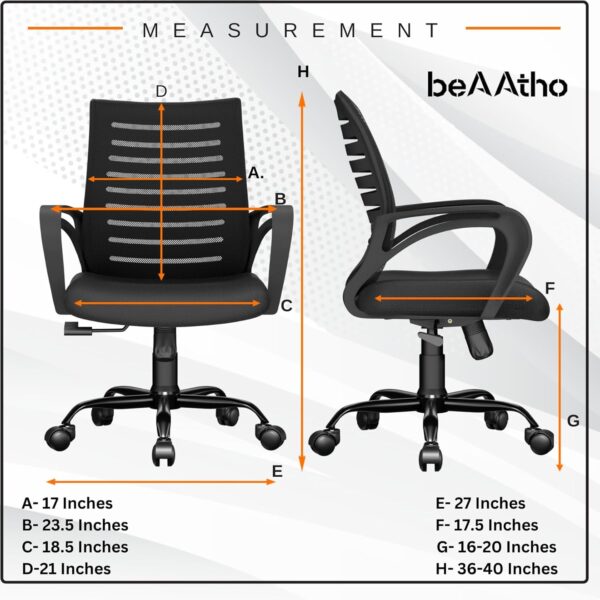 1733759651 beAAtho® Verona Mesh Mid Back Ergonomic Home Office Chair 3 Years Limited Warranty Tilting Height Adjustable Mechanism Heavy Duty Metal Base Ideal for Office Work Study Black