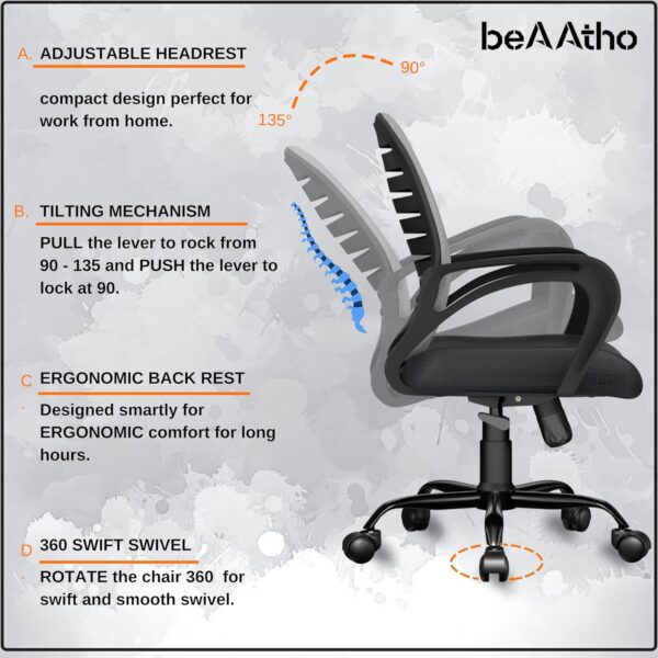 1733759657 beAAtho® Verona Mesh Mid Back Ergonomic Home Office Chair 3 Years Limited Warranty Tilting Height Adjustable Mechanism Heavy Duty Metal Base Ideal for Office Work Study Black