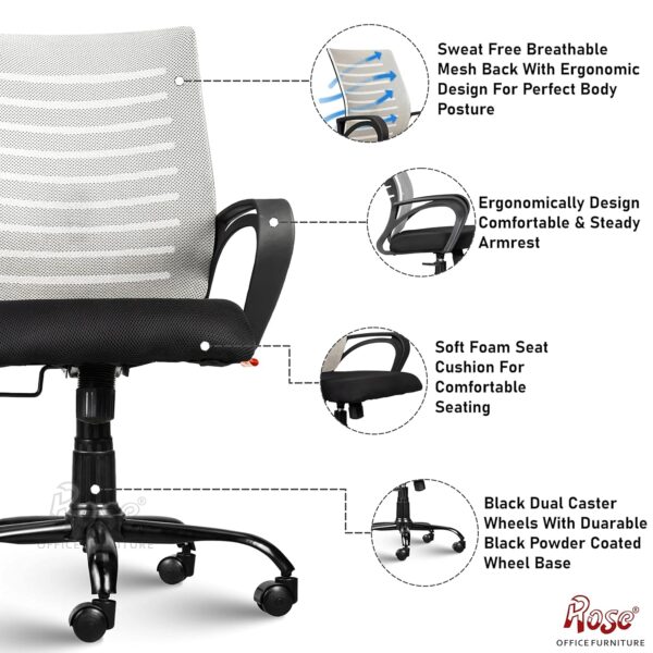 1734008890 ROSE® Mesh Mid Back Ergonomic Office Chair Study Chair Revolving Chair Computer Chair Work from Home Elite Grey and Black