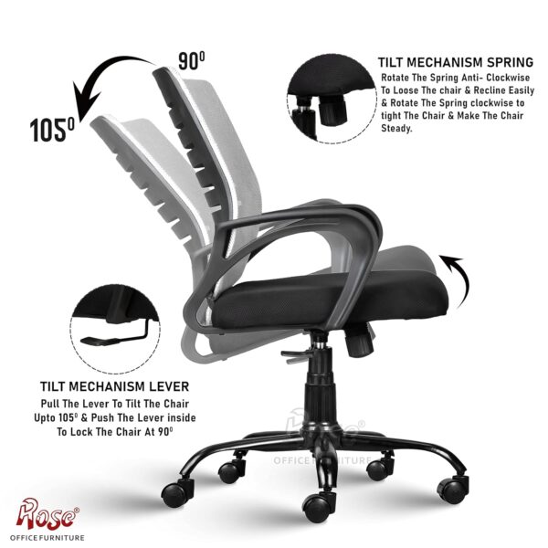 1734008892 ROSE® Mesh Mid Back Ergonomic Office Chair Study Chair Revolving Chair Computer Chair Work from Home Elite Grey and Black