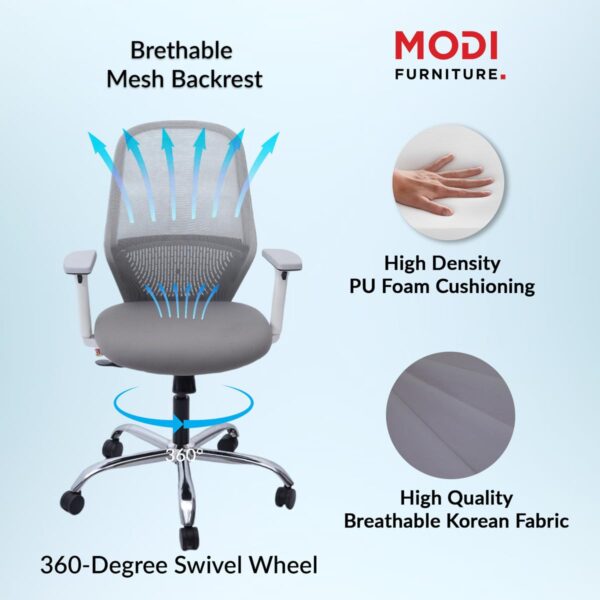 1734050351 Modi Furniture Savvy Office Chair 3 Years Warranty Smart Synchro Tilt Single Lock Mechanism Ergonomic Chair for Home Office Mesh Fabric Mid Back Grey