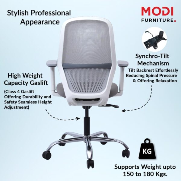 1734050359 Modi Furniture Savvy Office Chair 3 Years Warranty Smart Synchro Tilt Single Lock Mechanism Ergonomic Chair for Home Office Mesh Fabric Mid Back Grey