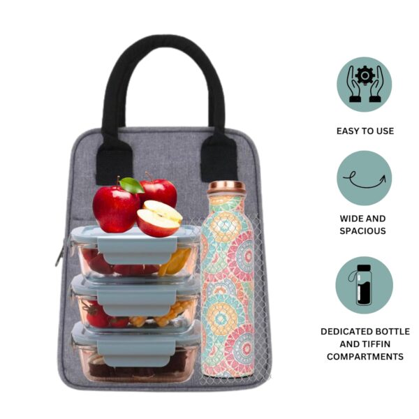 1734243972 Alt Co Insulated Lunch Bag for Office for Women and Men Leakproof Tiffin Carry Bag for Office College and School with Strong Handles Wide Pockets and Bottle Holder Grey