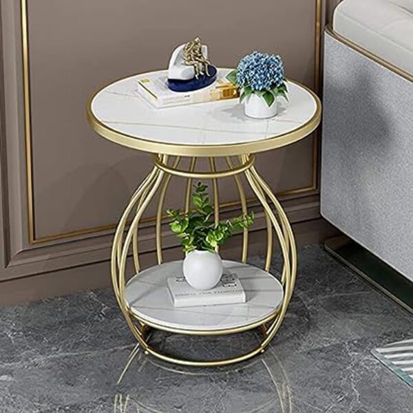 1734431103 CROWN ART SHOPPEE Round Metal SideCoffe Table in Lay Top Home Decor Accent Furniture for Living Room Bedroom Office Golden and White