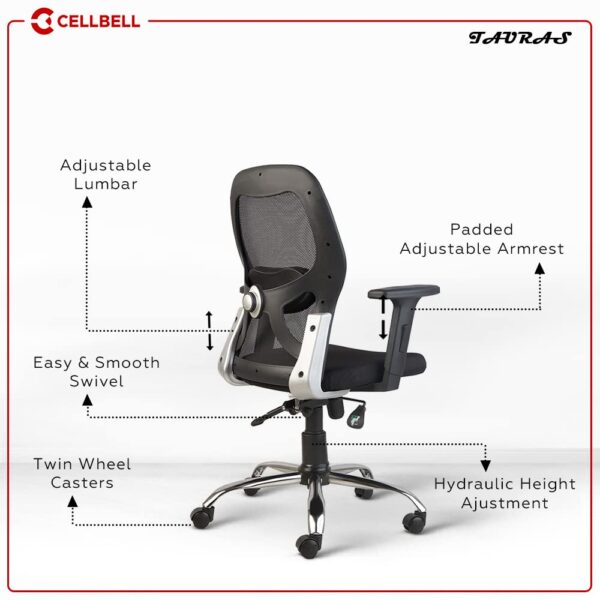 1734471839 CELLBELL Tauras C100 Mesh Mid Back Home Office ChairComputer ChairStudy ChairRevolving ChairDesk Chair for Work from Home Metal Base Seat Height Adjustable Chair Black