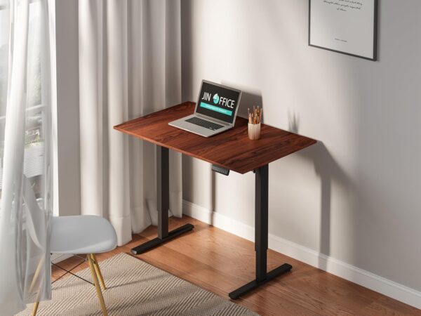 1734652524 JIN OFFICE Electric Height Adjustable Desk 80 Kg Wt. Capacity 2 Year Warranty Motorized Sit Stand Desk with Headphone Hook and Cable Tray Brown Top 1200 by 750 mm 25mm Thickness