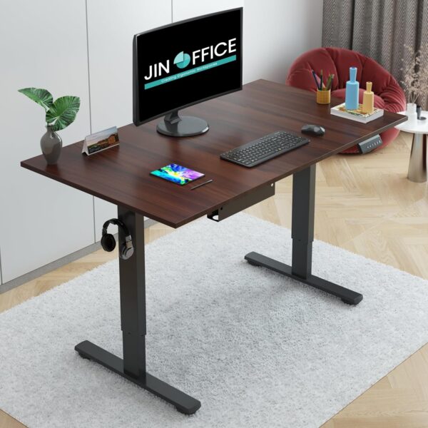 1734652527 JIN OFFICE Electric Height Adjustable Desk 80 Kg Wt. Capacity 2 Year Warranty Motorized Sit Stand Desk with Headphone Hook and Cable Tray Brown Top 1200 by 750 mm 25mm Thickness