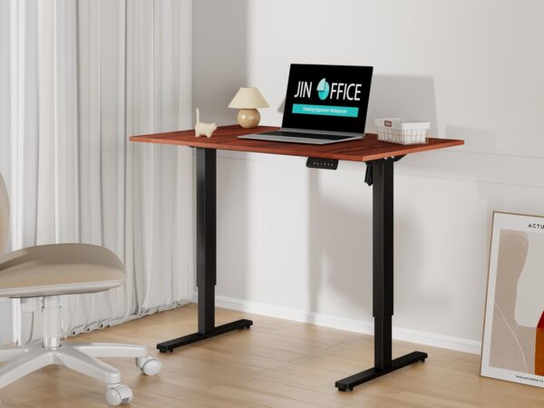 1734652531 JIN OFFICE Electric Height Adjustable Desk 80 Kg Wt. Capacity 2 Year Warranty Motorized Sit Stand Desk with Headphone Hook and Cable Tray Brown Top 1200 by 750 mm 25mm Thickness