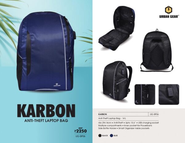 1734710059 URBAN GEAR KARBON Anti theft Smart Laptop Bag with USB Charging Socket and Smart Organizer Inside Pockets 24 L