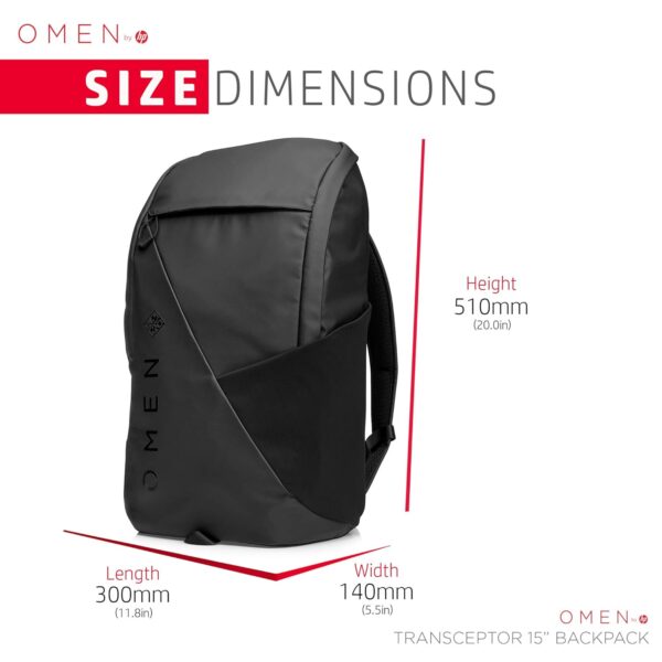 1734722069 HP OMEN Transceptor 15 Backpack 15.6 inch 20L Capacity Water Resistant Padded Laptop Compartment Ergonomic Design Trolley Pass Through 1 Year Warranty 0.84 kg Black 7MT84AA