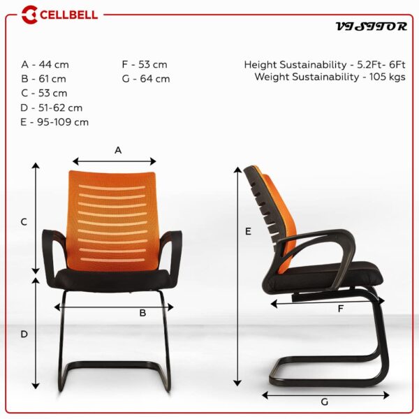 1734741034 CELLBELL Desire C104 Mesh Mid Back Ergonomic Office Visitor ChairStudy Chair Computer Chair for Work from Home Metal Base Orange