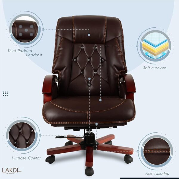 1734840605 Lakdi The Furniture Co High Back Leatherette Revolving Recliner Chair Director and Executive Office Chair with Wooden Handle Base Brown