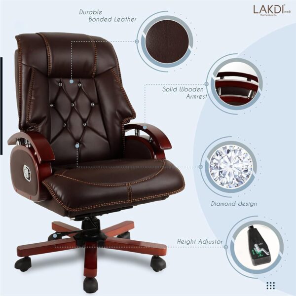 1734840608 Lakdi The Furniture Co High Back Leatherette Revolving Recliner Chair Director and Executive Office Chair with Wooden Handle Base Brown