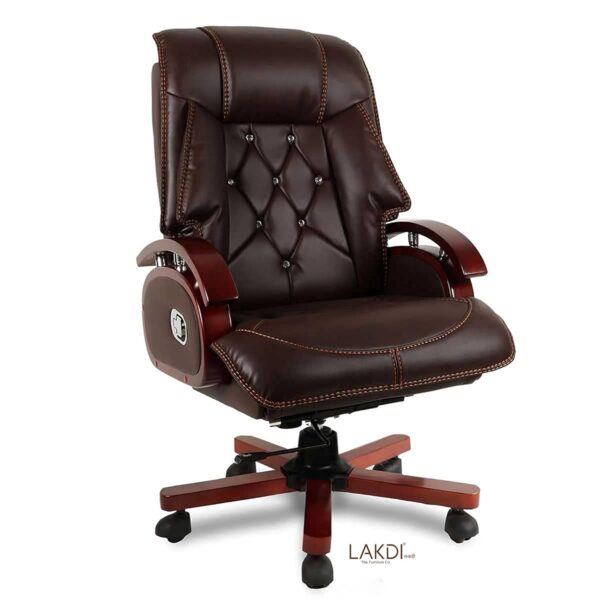 1734840620 Lakdi The Furniture Co High Back Leatherette Revolving Recliner Chair Director and Executive Office Chair with Wooden Handle Base Brown