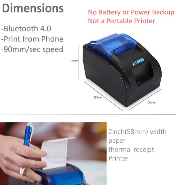 1734889951 ATPOS Bluetooth 4.0 H58BT Thermal Receipt Printer 58MM 2 Inch Kiosk ESCPOS Print Billing Mobile Printing No Battery