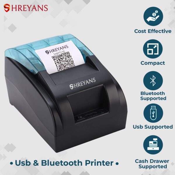 1734902588 SHREYANS 58mm USBBluetooth Direct Thermal Printer Compatible with Kiosk Receipt Printing Bill Print No Battery Backup Black Colour USBBluetooth