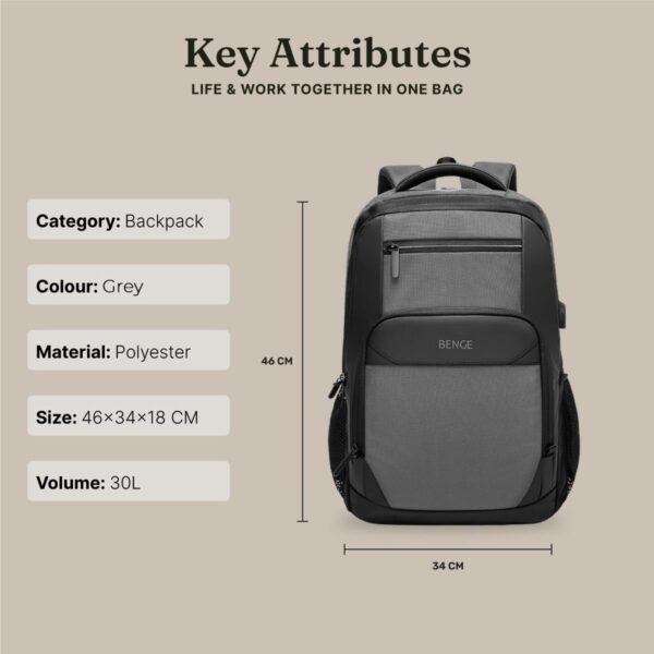 1734906710 BENGE Unisex 30L Backpack 15.6 inch Laptop Compartment Fully Featured functional Interior Formal Backpack With Smart USB Port For Office Daily Use Versatile Water Resistant Grey