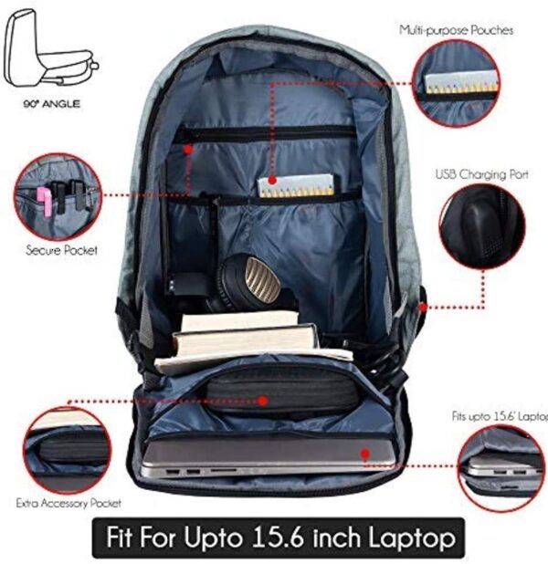 1734931014 Smart Anti Theft Backpack Waterproof 15.6 Inch Laptop Bagpack USB Charging Port 30 Ltrs Travel Hiking Fashion Business Bag for Men Women Unisex School College Office Grey