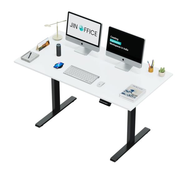 1734966783 JIN OFFICE Electric Height Adjustable Desk 3 Memory Preset100 Kg Weight Capacity3 Year Warranty Motorized Sit Stand Desk Black Frame with White Top 1500 X 750 mm25MM Thickness