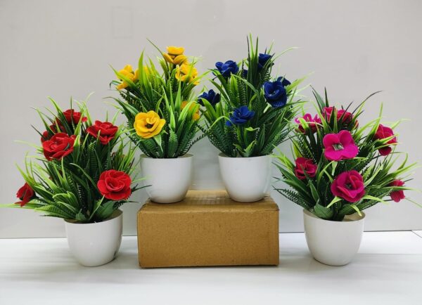 ADIRSA Plastic Artificial Flower Faux Flower Plant For Home Office Decor Tabletop And Desk Decoration Artificial Flower For Balcony Decor Multicolour Set Of 4