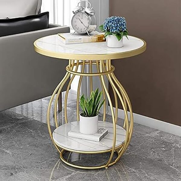 CROWN ART SHOPPEE Round Metal SideCoffe Table in Lay Top Home Decor Accent Furniture for Living Room Bedroom Office Golden and White