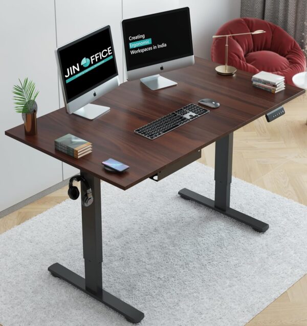 JIN OFFICE Electric Height Adjustable Desk 80 Kg Wt. Capacity 2 Year Warranty Motorized Sit Stand Desk with Headphone Hook and Cable Tray Brown Top 1200 by 750 mm 25mm Thickness