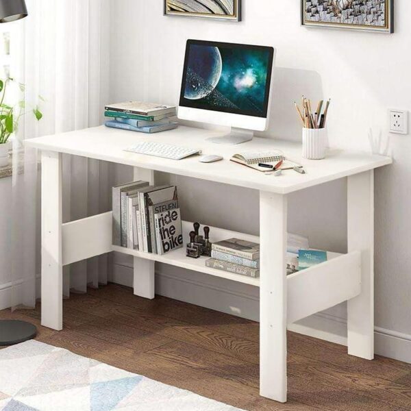 Lukzer Engineered Wood Computer Desk with One Tier Shelves Laptop Study Table for Office Home Workstation Writing Modern Desk ST 004 White 90 x 50 x 77 cm