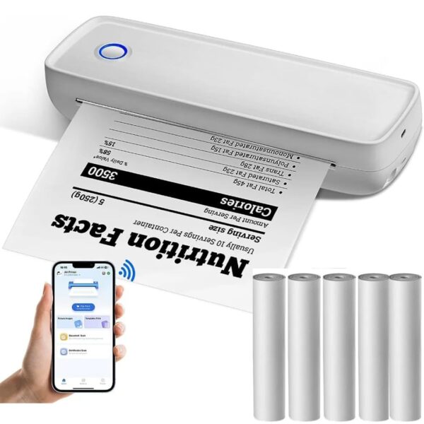 Mprinter A80 A4 Thermal Printer Bluetooth Wireless Inkless Thermal Printer for Mobile Prints Bluetooth Smart Printer Compatible with Android iOS Phones with 5pcs A4 Size Thermal Roll