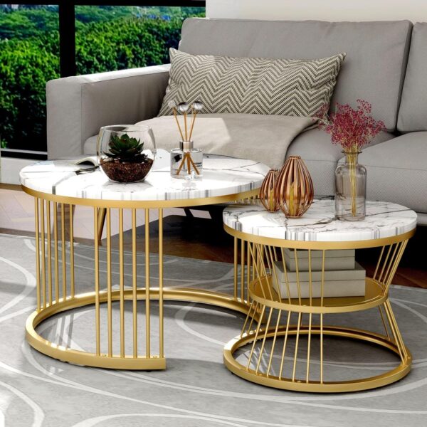 NEST NATURE HAVEN Round Coffee Table Modern Nestings Table Set of 2 Sofa Side Table with Marble Veneer Top and Metal Frame End Table for Living Room Bedroom Home or Office Golden White