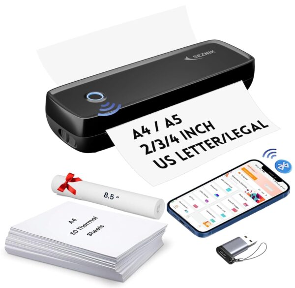 SEZNIK Portable A4 Printer Wireless Inkless for ProfessionalsTravel Mini Printer USB Bluetooth Printer Compatible with Android iOS Laptop 1 Year Warranty Classic 203dpi Black