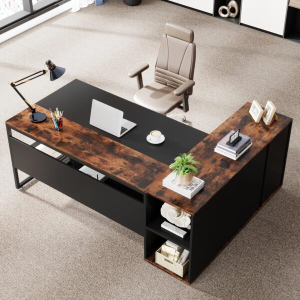 Tekavo Executive Table For Office L Shaped Director Desk Manager Cabin Desk With Storage 180 CmDiy Engineered Wood Polished Black