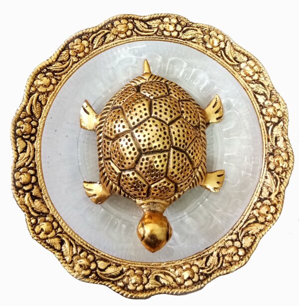 Trendy Crafts Metal Feng Shui Golden Tortoise on Glass Plate 5.5 inches Turtle Showpiece for Good Luck Vastu Kachua for Home Office Living Room Hotel Gift for Girlfriend Her Him Mom Dad