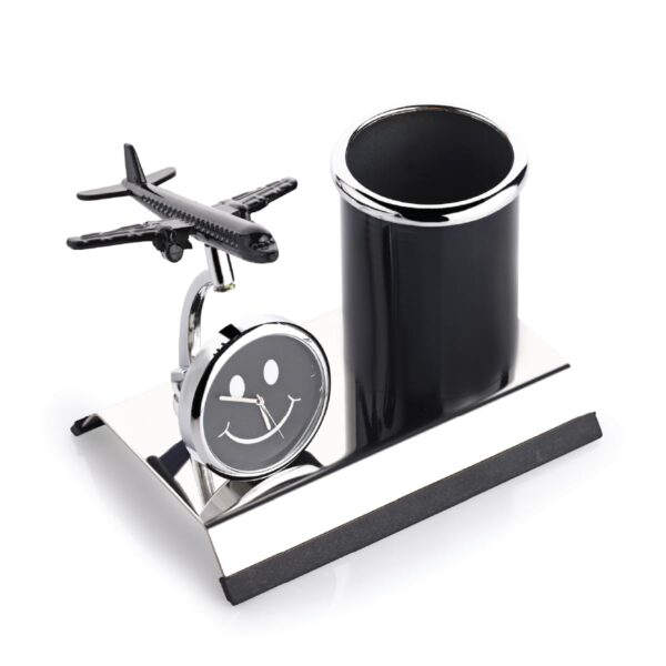 ZAHEPA Aeroplane Miniature Metal Pen Stand With ClockStylish Stationary Desk OrganizerPencil HolderElegant Corporate Gift SetDurable Decorative Showpiece For OfficeDoctorsLawyersBlack