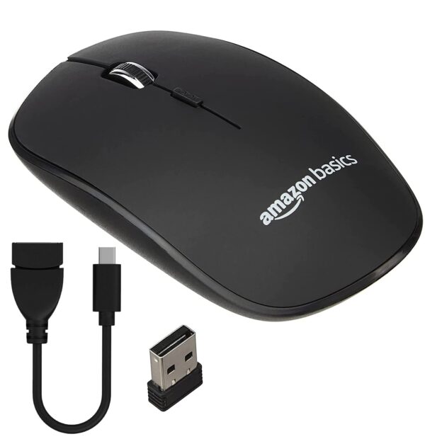 amazon basics AmazonBasics Wireless Mouse 2.4 GHz Connection 1600 DPI Type C Adapter Upto 12 Months of Battery Life Ambidextrous Design Suitable for PCMacLaptop